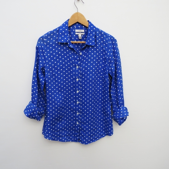 J. Crew Tops - J. Crew Perfect Blue Polka Dot Linen Blouse